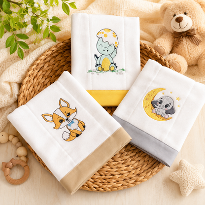Set de 3 Paños Bordados para Bebé – Colección Bosque Encantado