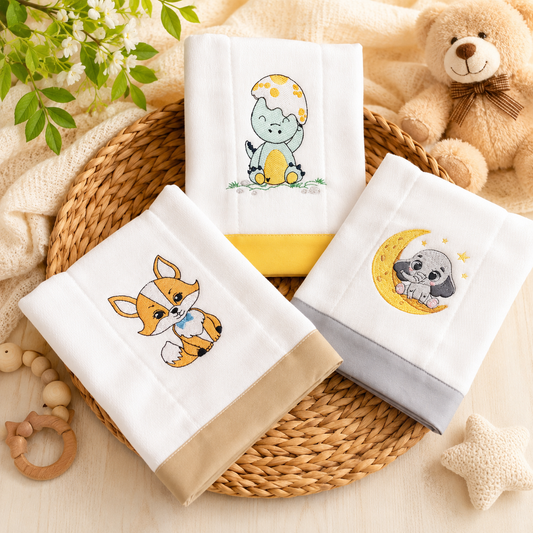 Set de 3 Paños Bordados para Bebé – Colección Bosque Encantado