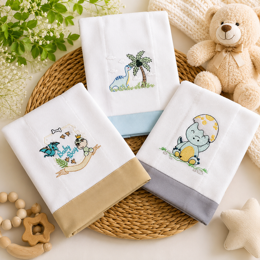 Set de 3 Paños Bordados para Bebé – Colección Dinosaurios