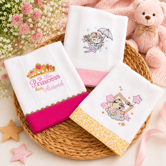 Set de 3 Paños Bordados para Bebé – Colección Princesita