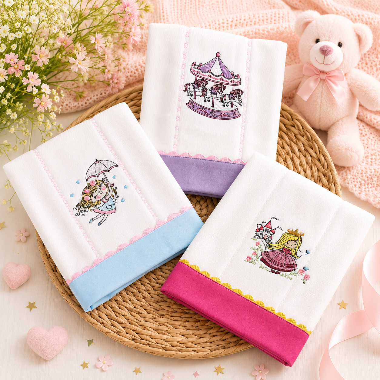 Set de 3 Paños Bordados para Bebé – Colección Cuentos de Princesas