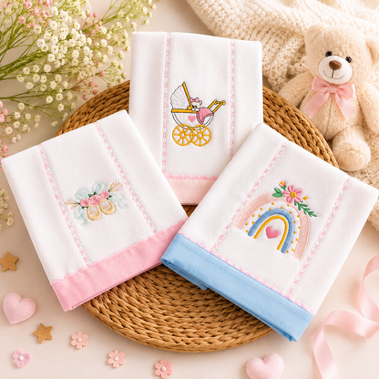 Set de 3 Paños Bordados para Bebé – Colección Dulce Espera
