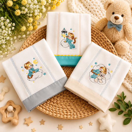 Set de 3 Paños Bordados para Bebé – Colección Dulces Sueños