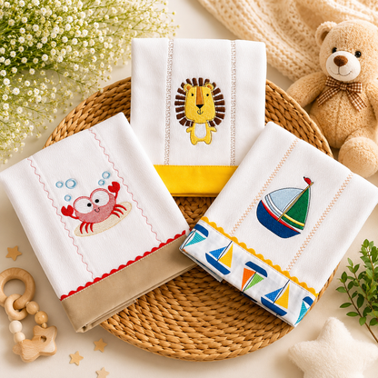 Set de 3 Paños Bordados para Bebé – Motivos Infantiles