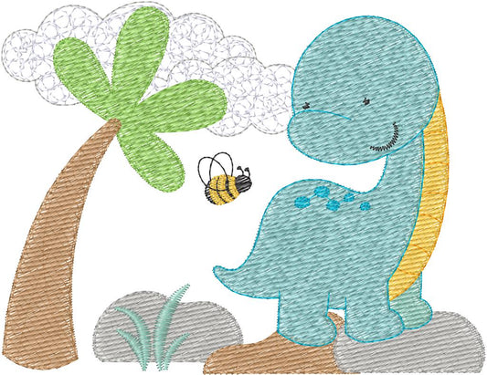 Dino con palma y rocas - N0338