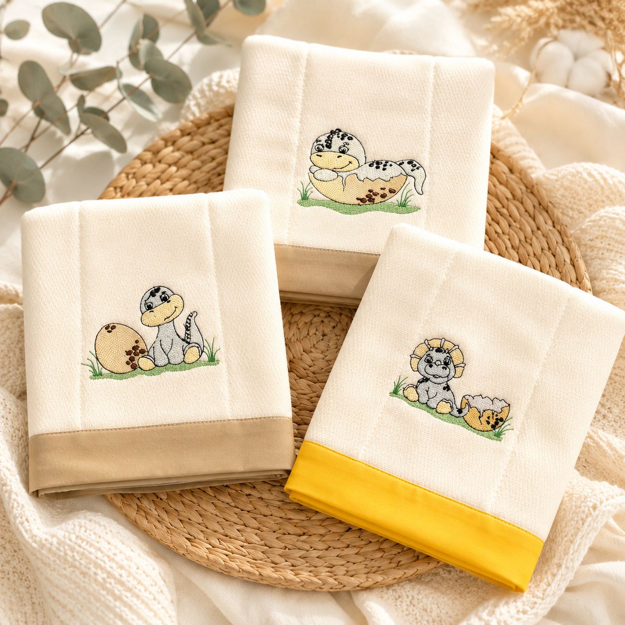 Set de 3 Paños de Bebé Bordados – Colección Dinosaurios