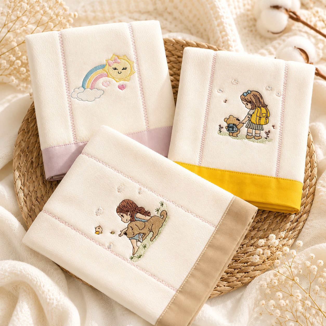 Set de 3 Paños de Bebé Bordados – Colección Dulces Momentos