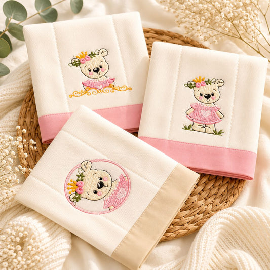 Set de 3 Paños de Bebé Bordados – Colección Osita Princesa