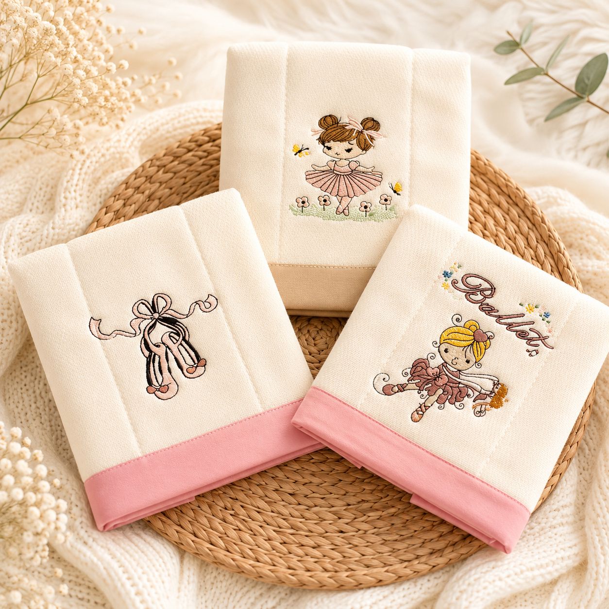 Set de 3 Paños de Bebé Bordados – Colección Bailarina